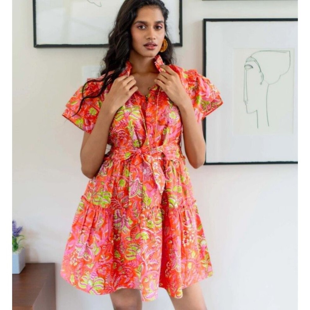 Sohana Poppy Mini Dress Short Sleeved Pockets Tiered Vibrant Pink Cotton Sz XS